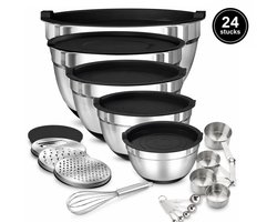 Signature Home Mengkommen Set met Deksel - 24-Delige Beslagkommen & Mixkommen Set - RVS Kommen 1,5 tot 5 Liter - Inclusief Raspopzetstukken en Maatschepjes - Antislip Bodem - Vaatwasser- en Vriezerbestendig - Zwart - Zilver