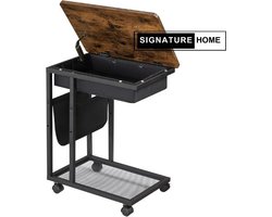 Signature Home Miami Bijzettafel met lade - Laptoptafel met Wielen - salontafel - Industriële Stijl - Bruin/Zwart - 50x35x60cm