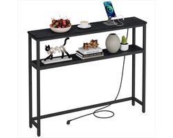 Signature Home Milly Consoletafel - Console tafel - Smalle Bijzettafel met laadstation - Haltafel Bijzettafels smalle - Tafel met 2 planken - Hout - Metaal - Zwart - 20 x 100 x 80 cm