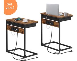 Signature Home Mongolia Bijzettafel - Laptoptafel met laadstation - Nachtkastje Set Van 2 - Banktafel met lade - Laptop tafel Industriële - Bruin Zwart - 55x35x66 cm