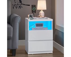 Signature Home Nachtkast -Nachtkastje met verstelbare LED-verlichting - bijzettafel met lades - ladekast - nachtkastje voor slaapkamer - woonkamer - wit