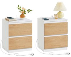 Signature home Nachtkastje met Oplaadstation - set van 2 bijzettafel - 2 lades - 2 stopcontacten - 2 USB-A-poorten - woonkamer - slaapkamer - WIT Amandel Geel