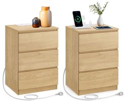 Signature Home Nachtkastje met stekkerdoos - set van 2 - bijzettafel - 3 lades - 2 stopcontacten - 2 USB-A-poorten - modern strogeel