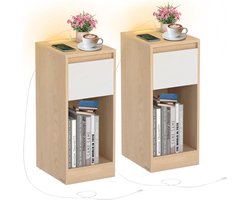 Signature home Nachtkastje set van 2 met laadstation & LED verlichting – Smal bijzettafel – USB & stopcontact – Met lade en open vak – Voor slaapkamer & woonkamer – Amandelgeel Wit – 30x25x59,5 cm