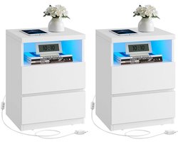Signature Home nachtkastje set van 2 - nachtkast met verstelbare LED-verlichting - bijzettafel met laden - ladekast - wit