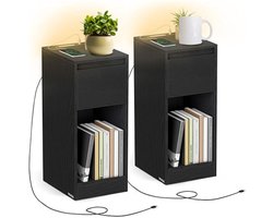 Signature Home Nachtkastje Set van 2 - Slank Bijzettafel - LED-verlichting - 1 USB-A-poort - 1 USB-C-poort - Lade Open vak - voor Slaapkamer - Woonkamer - Ebbenhout Zwart