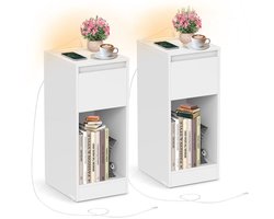 Signature Home Nachtkastje Set van 2 - Slanke nachtkastjes met oplaadstation en ledverlichting - slanke bijzettafels - USB-poorten - lade en open vak - wit - 30 x 25 x 59.5 cm