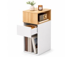 Signature home Nachtkastje Smal met Lade en Open Vakken – Klein Bedtafeltje met Opbergruimte – Bijzettafel voor Slaapkamer, Woonkamer en Kleine Ruimtes – Wit/Naturel - 25 x 30.5 x 65.5
