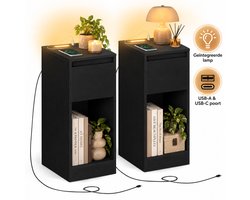 Signature Home Nachtkastjes Set van 2 – Smal Nachtkastje met LED – USB-A & USB-C – Lade & Open Vak – Zwart