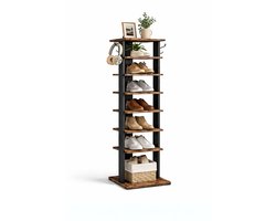 Signature Home smal Schoenenrek - Opbergen van Schoenen - Schoenenbank 8 niveaus - Open Schoenenkast Hout - Opbergkast van Schoenen Industrieel - Hoog Schoenenrek - vintage bruin-zwart - 28 x 28 x 113 cm