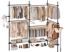 Signature Home Telescopisch kledingrek - 3-laags zolder garderobekast - kledingrek in hoogte en breedte verstelbaar - open kledingkast met 6 kledingstangen en 3 uitneembare planken - beugel - matzwart