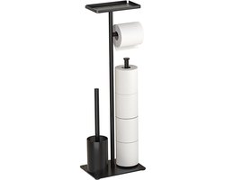 Signature Home Toiletbutler 4 in 1 - Toiletrolhouder vrijstaand - Toiletrolhouder Zonder boren - Toiletborstel met plankje - Reserverolhouder - RVS - Zwart