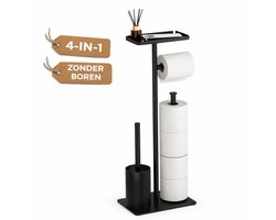Signature Home WC Rolhouder Staand Zwart met Toiletborstel – Toiletrolhouder met Plankje – 4-in-1 Toiletbutler – Reserverolhouder – Zonder Boren – RVS – Signature Home