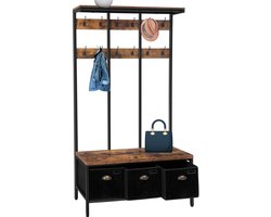 Signature Home XXL Garderoberek - Kapstok - Kapstok met schoenenrek - kledingrek met 24 haken - zitting met 3 opbergdozen - Bruin/Zwart - 100x 37x182 cm