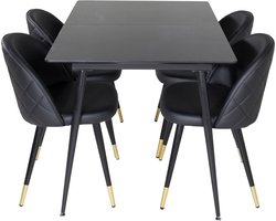 SilarBLExt eethoek eetkamertafel uitschuifbare tafel lengte cm 120 / 160 zwart en 4 Velvet eetkamerstal PU kunstleer zwart.