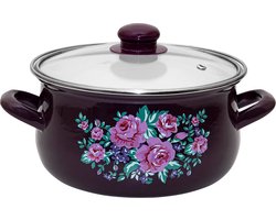 Silesia Klara 8 delige emaille pannenset retro paars met bloemen - Pannen set voor alle warmtebronnen - Geëmailleerde Kookset - Emaille - Kookpannenset - vintage design - handgemaakt