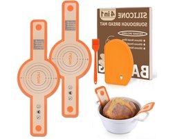 Silicone Sourdough Mat Herbruikbaar voor Dutch Oven - Bakmat met Lange Handvat - Overbrengen Zuurdesem - Bakken Sling - Deeg Schraper & Borstel - Oranje Kleur