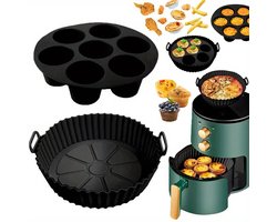 Siliconen Airfryer Bakvorm Set - 7 Gaten Cakevorm + Ronde Airfryer Pan - Hittebestendig, BPA-vrij & Herbruikbaar - Voor Muffins, Donuts & Mini Cakes – Geschikt voor Philips, Princess, Tefal & Ninja Airfryer - Vaatwasserbestendig - Bakaccessoire Set