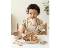 Siliconen Baby Eetset met Waterdicht Eetpakje - BPA-vrij - Antislip Bord, Kom, Beker & Lepel - Amelii - Beige