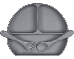 Siliconen Babybord met Zuignap, BPA-vrije Verdeelde Peuterborden en Bestekset, Magnetron Vaatwasserbestendige Vork Baby Zelfvoedingslepel voor 6 Maanden Up Girl & Boy, Grijs