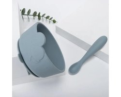 Siliconen Bakje Baby - Blauwgrijs - Met Lepel - Zuignap - BPA-vrij - Leuk Als Kraamcadeau
