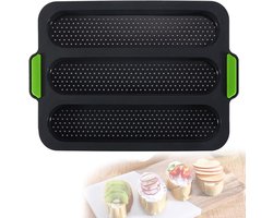 Siliconen bakvorm voor baguettes - Broodbakvorm - Siliconen Baguette Bakvorm - 3-Vaks - Non-Stick - Zwart & Groen Stokbrood Bakplaat - Frans Brood Vorm - Bakmat - Ovenbestendig - Siliconen Broodvorm