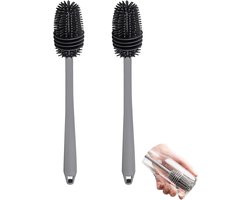 Siliconen flessenborstel met lange steel, reinigingsborstel voor keukengereedschap, borstel, afwasborstel, flessenborstel, glasborstel, geschikt voor flessen, thermosflessen, vazen ​​en glaswerk, grijs (2 stuks)