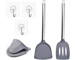 Siliconen Keukengereedschap Set - Spatel, Grijze Braadspatel, Handschoen, 3 Haken - Pannenspatel, Braadspatel, Kookspatel .