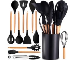 Siliconen Keukengerei Set 12-delig – Kookgerei met Houder – Keukenhulpen voor Koken & Bakken – Zwart
