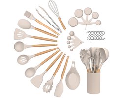 Siliconen Keukengerei Set Beige – 23 Delige Keukenaccessoires met Houten Handvat – Hittebestendige Kookgerei Set