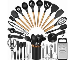 Siliconen Keukengerei Set - Kookgerei 47-delige Set met Houten Handgrepen en Opbergbak - Keukenhulpmiddelen voor Koken en Bakken - Antiaanbakvriendelijke Spatels, Lepels en Keukentools - Zwart