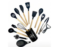 Siliconen Keukenset met Houten Handvatten – 15-delige Complete Keukengerei Set – Hittebestendig, Antiaanbak Veilig – Inclusief Tang, Garde, Lepels & Meer – Zwart
