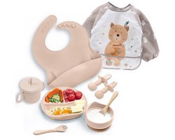 Siliconen Kinder Servies Set 9-delig – Baby Voedingsset met Hartvormig Bord, Slabbetje en Beker – Beige