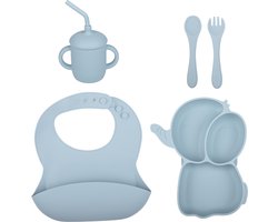 Siliconen Kinderservies Set – 5-delig Babyservies & Eetset – Kinderbord met Zuignap, Slabbetje, Drinkbeker & Kinderbestek – BPA-vrij, Antislip, Vaatwasserbestendig – Ideaal Kraamcadeau - (Blauw)