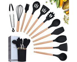 Siliconen Kookgerei Keukengerei Set, 12 Stuks Natuurlijke Houten Handgrepen Koken Tool Bpa Gratis Niet Giftige Siliconen Turner Tang Spatel Lepel Keuken Gadgets Gebruiksvoorwerp Set (Zwart)