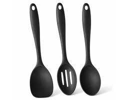 Siliconen Lepelset 3 ST. Zwart | Bakspatel, Gleuflepel & Pollepel | Hittebestendig & Vaatwasbestendig | Anti-aanbaklaag | Spatelset, Roerlepel, Kooklepel, Serveerlepel, Opscheplepel, Spatel | Silicone Keukengerei, Kookgerei Zwart