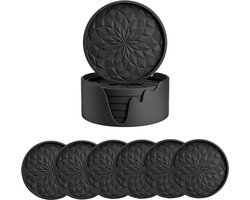 Siliconen Onderzetters Met Houder - Set Van 6 - Onderleggers Voor Glazen - Onderzettersset - Ronde Onderleggers Design - Drink Onderzetters - Glasonderzetters Voor Op Tafel - Coasters - Anti Slip - Hittebestendig - Zwart - Cadeau