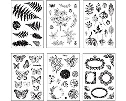Siliconen Stempel Set - 6 Bladen met Vintage Planten, Bloemen en Vleermuizen voor DIY Bullet Journal, Scrapbooking en Kaarten Maken