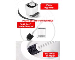 Siliconen Toiletborstel met houder - Wit/grijs - Hygiënische toiletborstelhouder set - Vuilafstotend - Voor toilet of badkamer - WC borstel met toilethouder - Zonder boren - WC borstel - Vrijstaand of Hangend - Met opvangbak