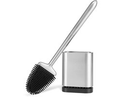 Siliconen toiletborstel-siliconen toiletborstel en houder-sneldrogende lange steel platte hangende toiletborstel-badkamerbezem-vrijstaand/wandmontage-42*11.5*6.5cm-Zilver