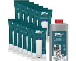Sillar, 12x waterfilter, vervanging voor DLS C002 SER3017, compatibel met koffiezetapparaten DeLonghi Dinamica PrimaDonna, catridge + 1x Ontkalker 1L, koffiezetapparaat kit