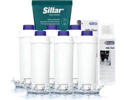 Sillar, 6 x Waterfilter, vervanging voor DLS C002 SER3017, compatibel met koffiezetapparaten DeLonghi Dinamica PrimaDonna, catridge + 1x Reinigingsvloeistof voor het melkcircuit, Delonghi SER3013, original