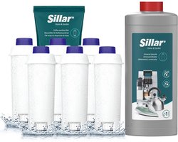 Sillar, 6x Waterfilter, vervanging voor DLS C002 SER3017, compatibel met koffiezetapparaten DeLonghi Dinamica PrimaDonna, catridge + 1x Ontkalker 1L, koffiezetapparaat kit