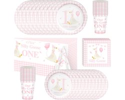 Silly Goose Pink Themed Party Tableware - Meisjes Verjaardagsfeest - Inclusief Borden - Bekers - Servetten en Tafelkleed voor 20 Personen