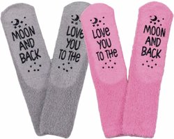 SilverAndCoco - Set van 2 / Hou van Jou Vrolijke Huis Sokken Foute / Leuke Happy Grappige Valentijn Dikke Warme Vrouwen Socks / Verliefd Sok Outfit Katoen / Vrouwen Valentijns cadeau voor hem met Tekst Vriendin Vrouw Liefde - Love You to the Moon