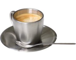 Silvia set roestvrijstalen kop + schotel, 160 ml, mat, dubbelwandig, breukvast, vaatwasmachinebestendig, ideaal voor thuis en professioneel gebruik