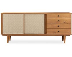 SIMONA dressoir met rotanmotief 175cm, eiken look - 4 laden en 2 schuifdeuren, hal ladekast met legplank, woonkamer