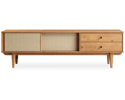 SIMONA lowboard met rotan vlechtwerk van massief dennenhout, eiken - 175 cm TV-meubel in mid-century design, lowboard met 2 laden en schuifdeuren, retro TV-meubel, woonkamer - hoofdafbeelding