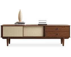 SIMONA lowboard met rotan vlechtwerk van massief grenen, kastanje - 175 cm TV-meubel in mid-century design, lowboard met 2 laden en schuifdeuren, retro TV-meubel, woonkamer - hoofdafbeelding