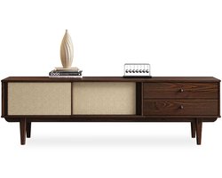 SIMONA lowboard met rotan vlechtwerk van massief grenen, notenhout - 175 cm TV-meubel in mid-century design, lowboard met 2 laden en schuifdeuren, retro TV-meubel, woonkamer - hoofdafbeelding